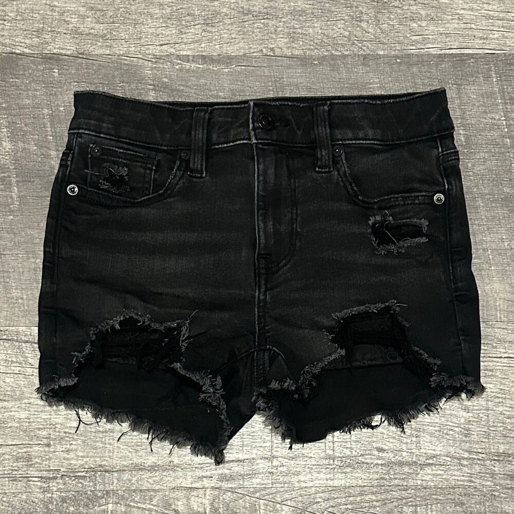American Eagle High Rise Denim Shortie Women 0 (27X2) Black Cut Off Distressed